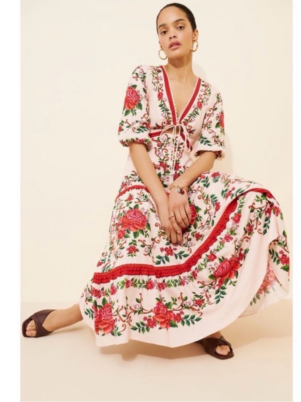 FARM Rio Pink Maxi Dress with Red Rose & Green Leaf Print